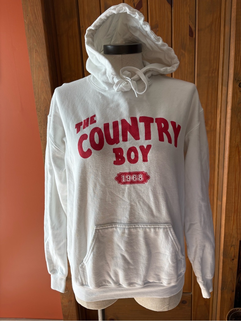 Gildan White Hoodie with Red "The Country Boy" Chest Print Size M